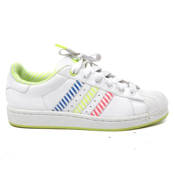 Adidas Superstar Leather Sneakers Running Shoes Neon Stripes Yellow Blue Red - Picture 2 of 12
